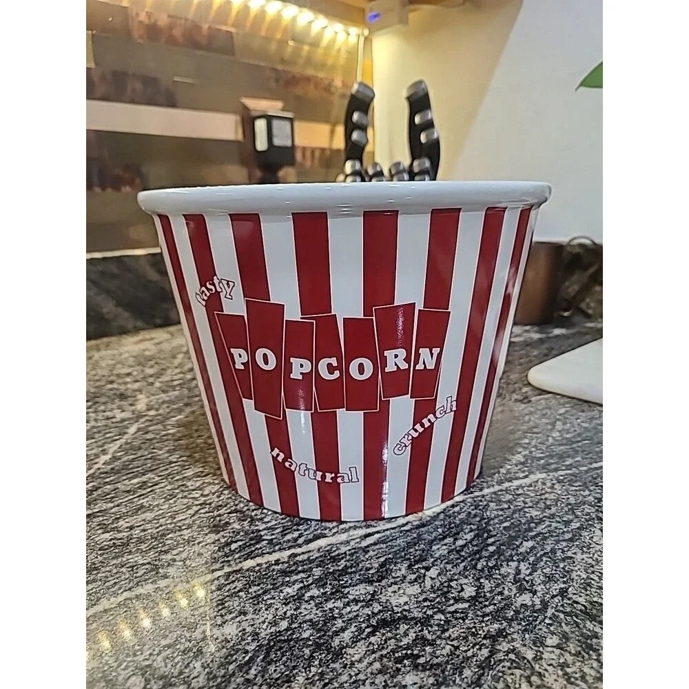 Vintage Style Williams-Sonoma Large Popcorn Bucket -White/Red Stripes 9x7